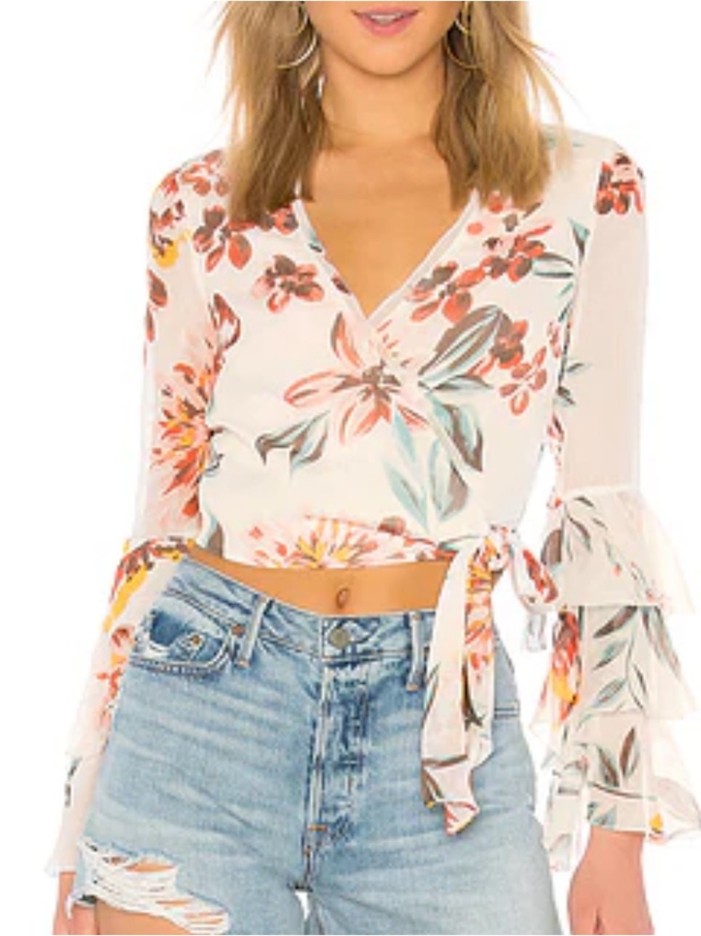 Revolve tularosa Adriana floral ruffle cream cropped wrap top size S